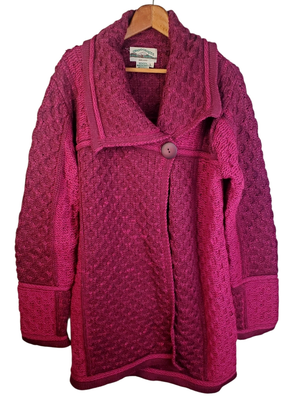 Aran Crafts Ireland Two-Tone Merino Wool Asymmetric Sweater Coat. LG